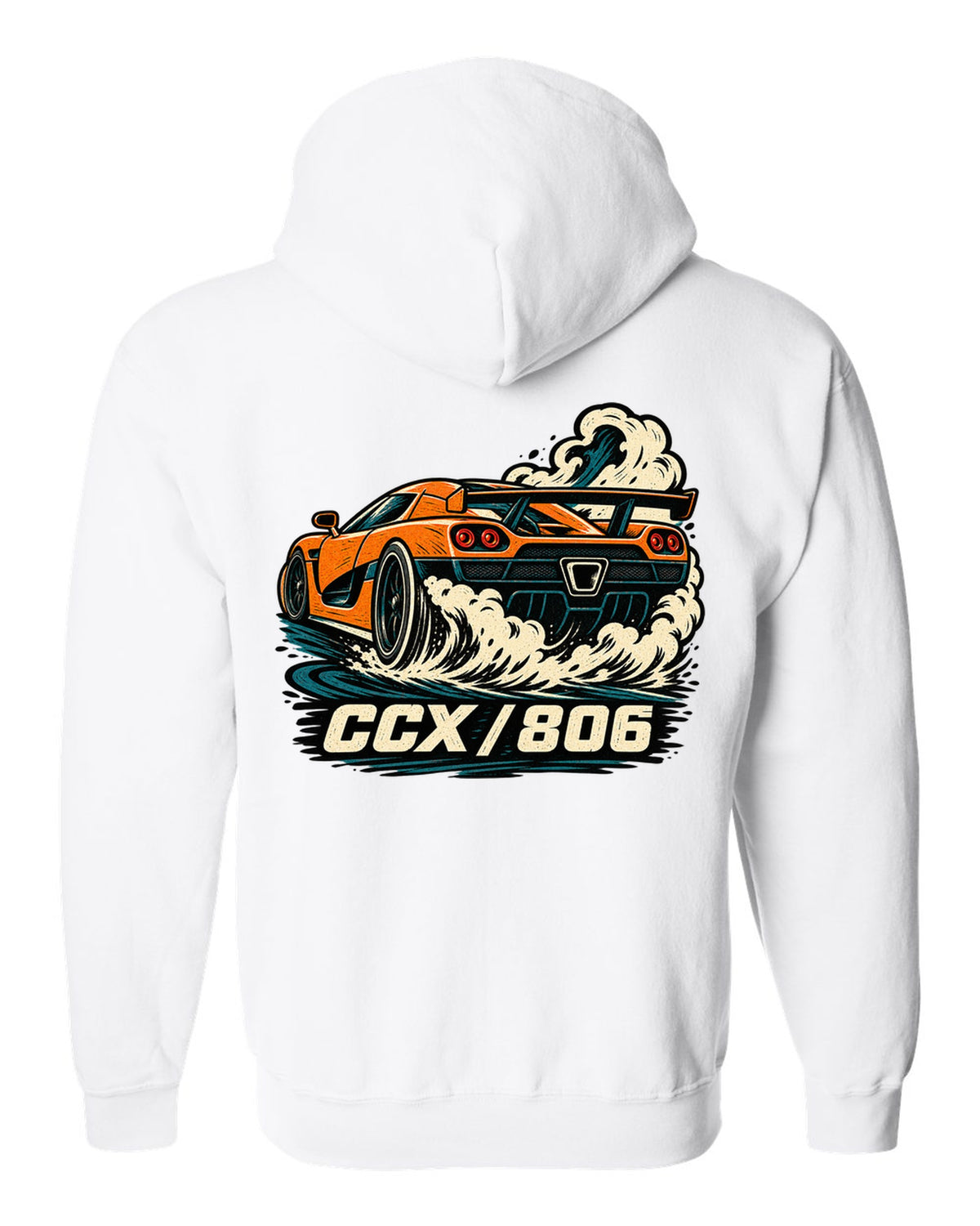 Linocut style illustration of a Koenigsegg CCX doing a burnout with CCX 806 lettering white zip hoodie back view with the design