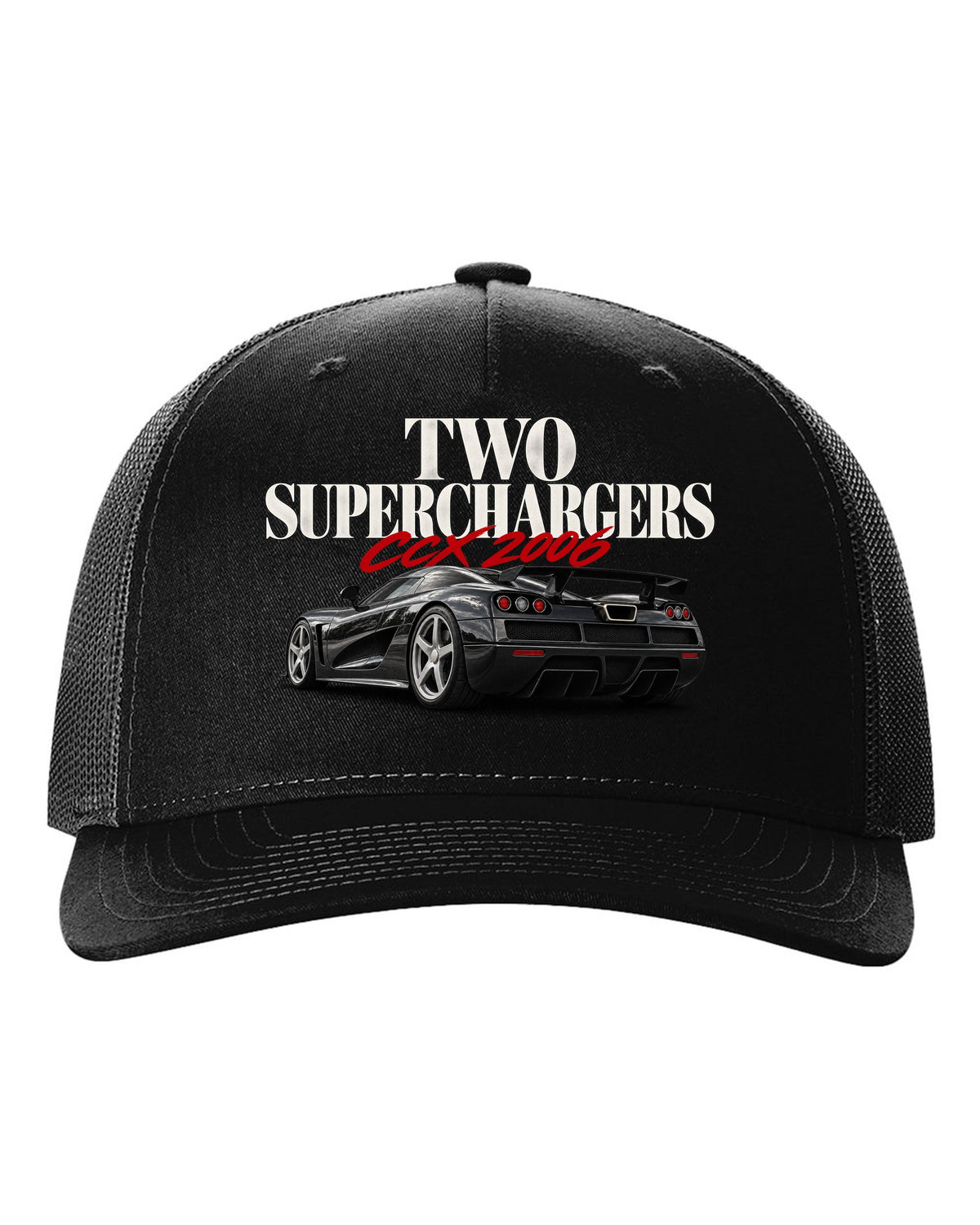 Koenigsegg CCX 2006 editorial headline with two superchargers black hat front view with the design
