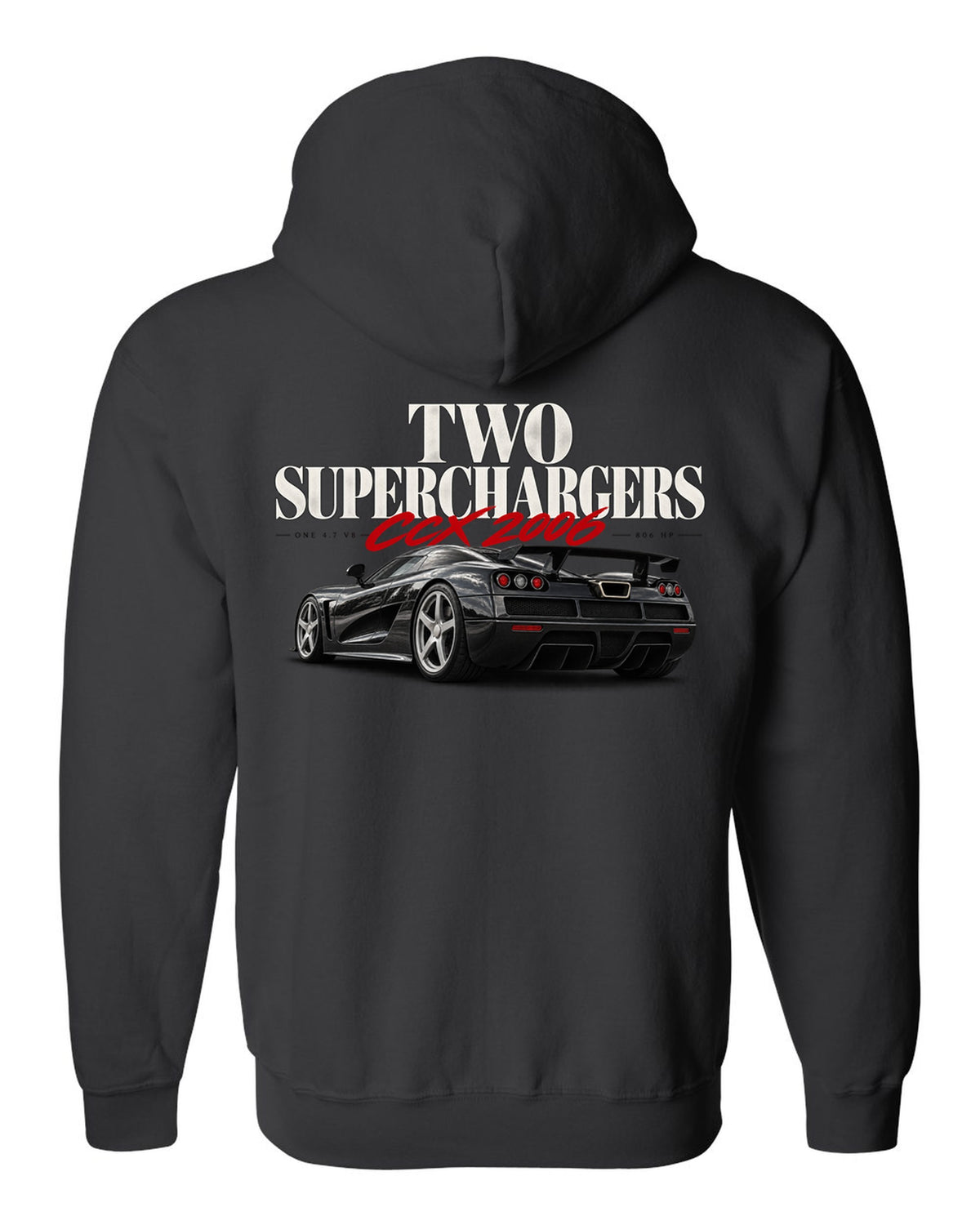 Koenigsegg CCX 2006 editorial headline with two superchargers black zip hoodie back view with the design