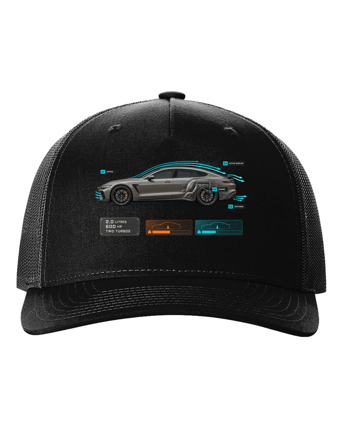 print of the Koenigsegg Gemera with aero callouts and the text 2.0 litres, 600 hp, two turbos black hat front view with the design