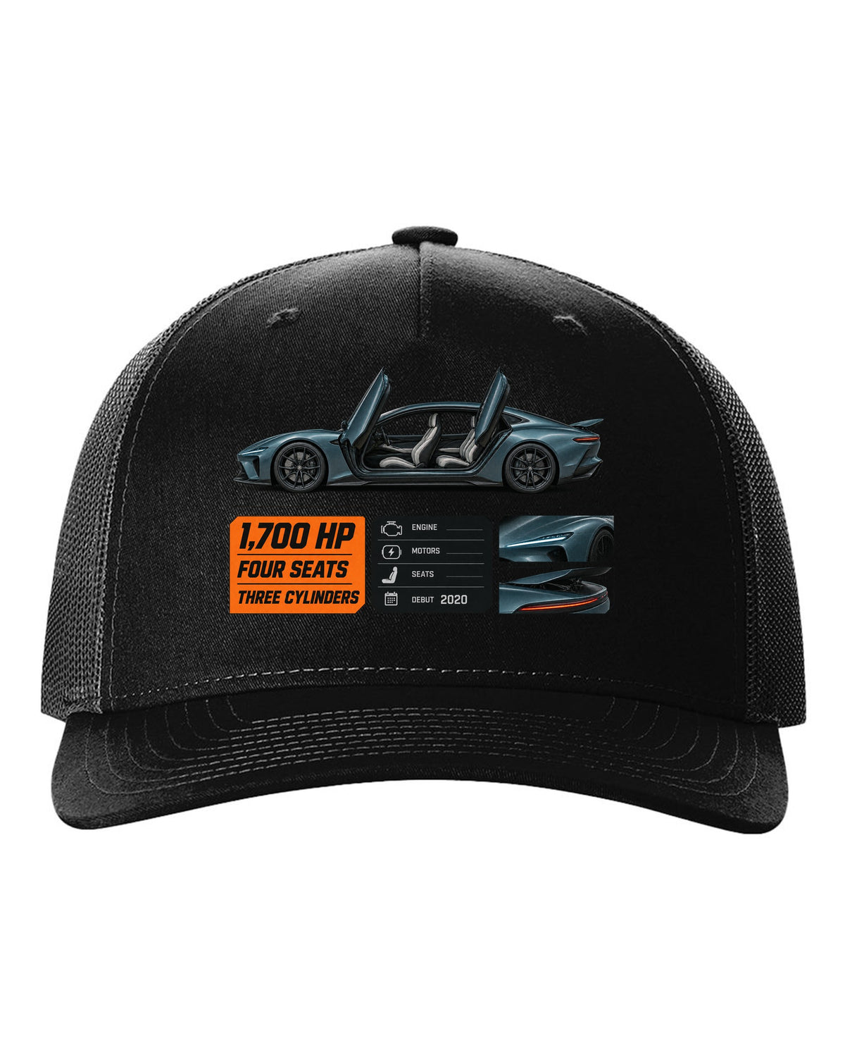 Spec poster of the Koenigsegg Gemera four-seat hypercar, print black hat front view with the design