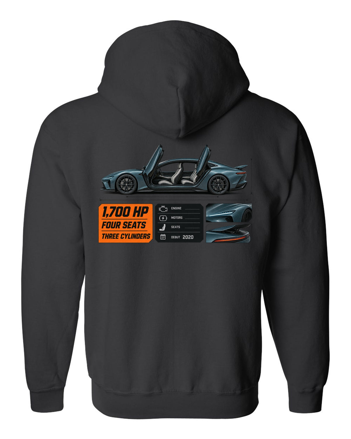 Spec poster of the Koenigsegg Gemera four-seat hypercar, print black zip hoodie back view with the design