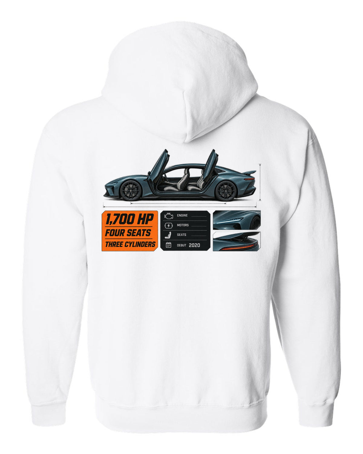 Spec poster of the Koenigsegg Gemera four-seat hypercar, print white zip hoodie back view with the design