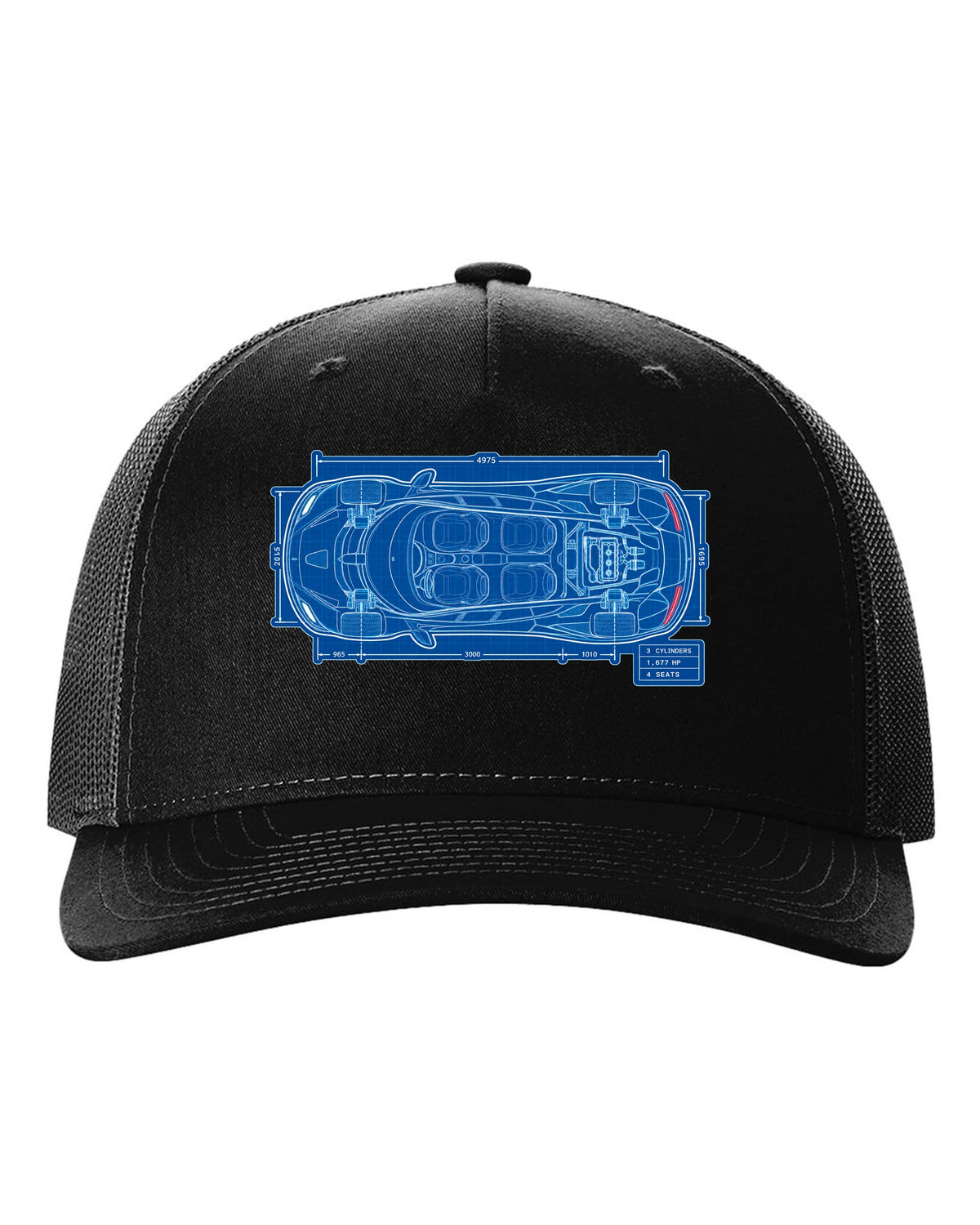 Technical blueprint print of the Koenigsegg Gemera seen from above with 3 cylinders and 4 seats lettering black hat front view with the design
