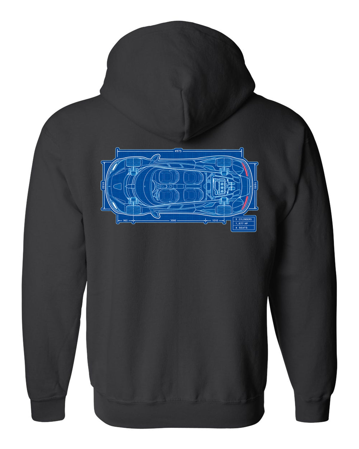 Technical blueprint print of the Koenigsegg Gemera seen from above with 3 cylinders and 4 seats lettering black zip hoodie back view with the design