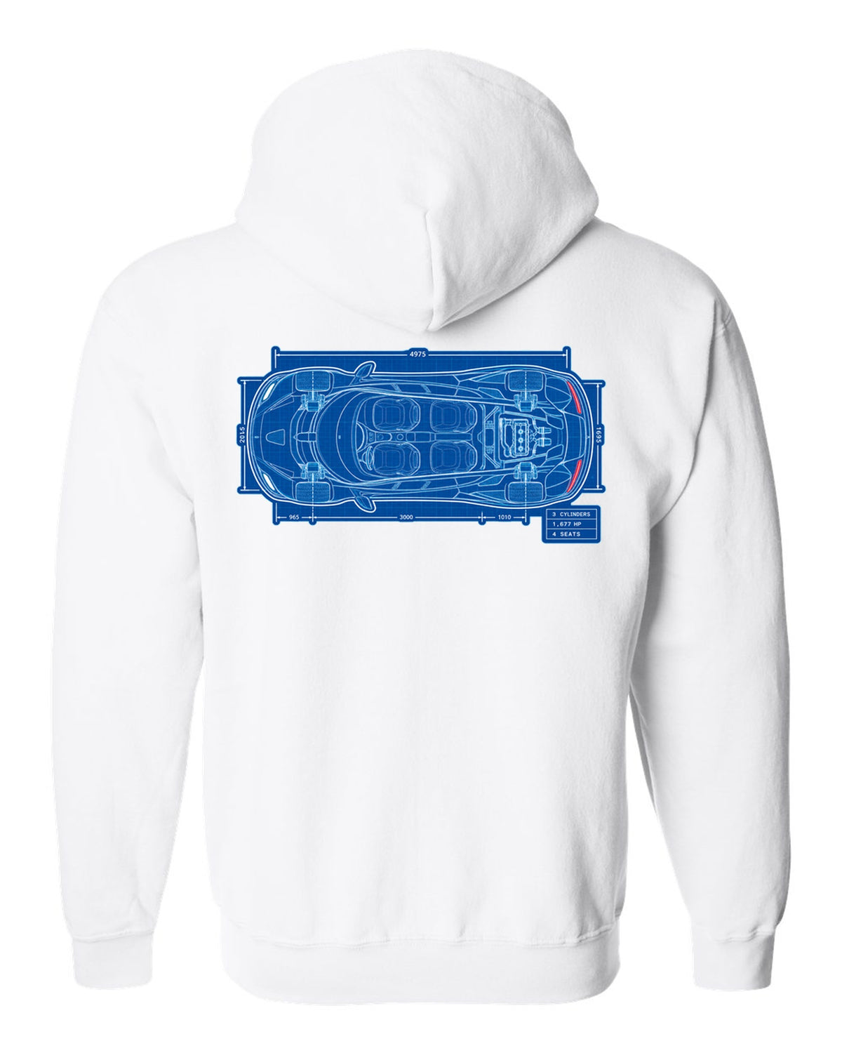 Technical blueprint print of the Koenigsegg Gemera seen from above with 3 cylinders and 4 seats lettering white zip hoodie back view with the design