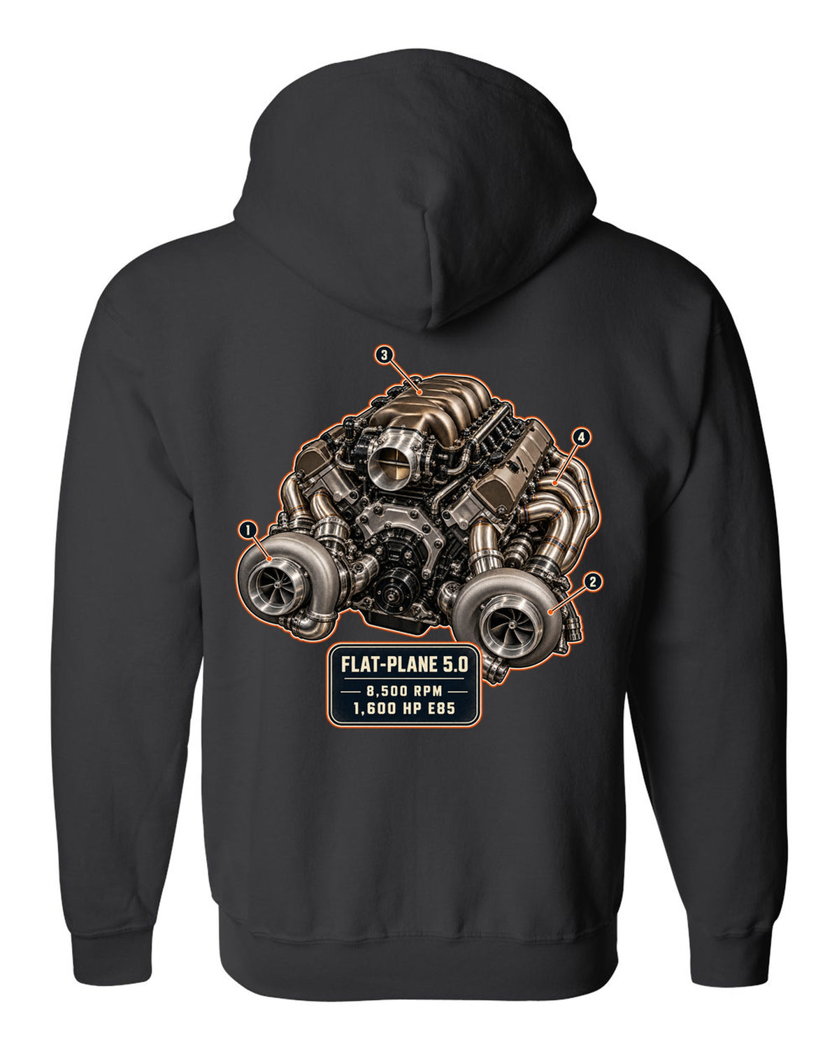 Engine hero illustration of the Koenigsegg Jesko 5.0 litre twin-turbo flat-plane V8, print black zip hoodie back view with the design