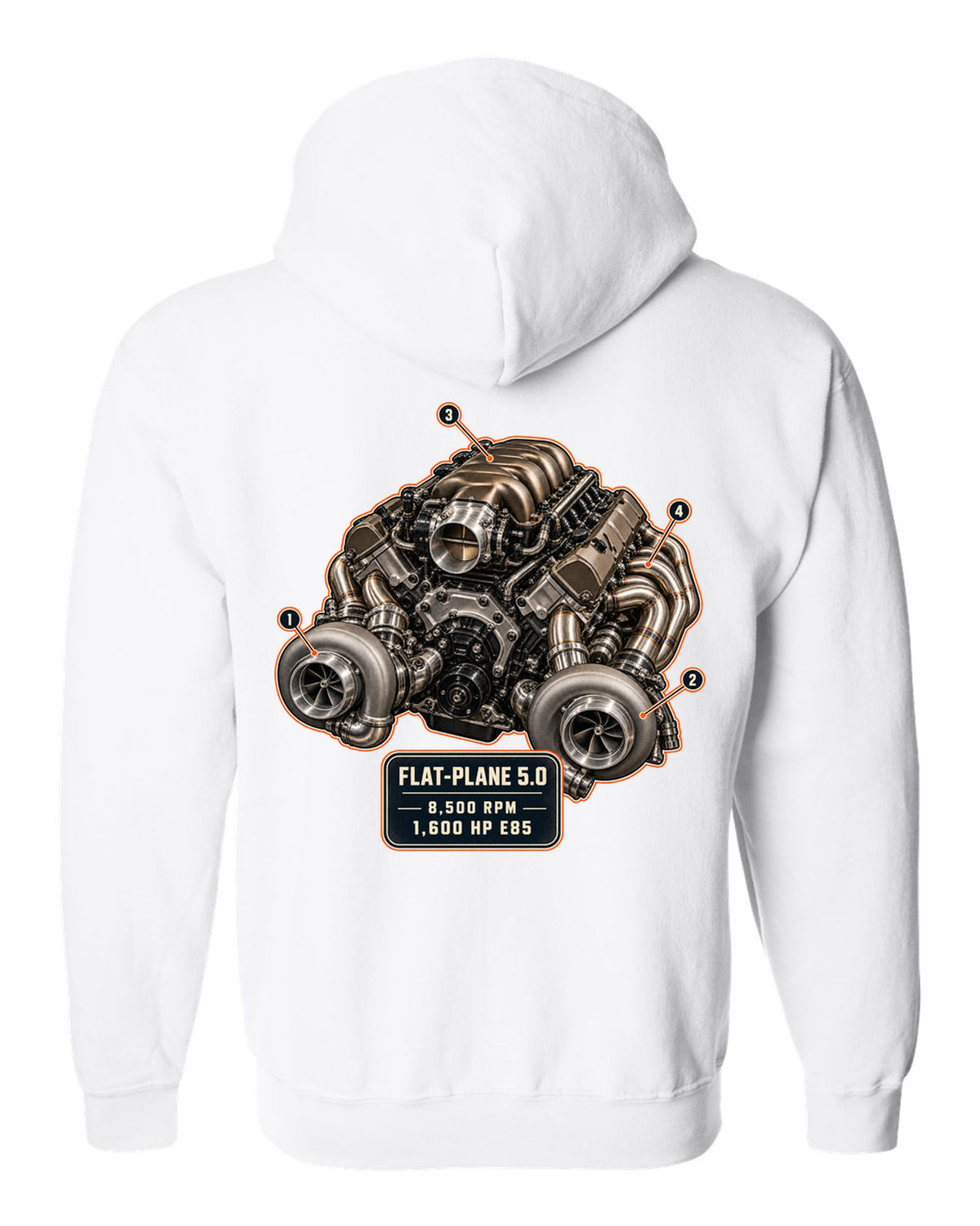 Engine hero illustration of the Koenigsegg Jesko 5.0 litre twin-turbo flat-plane V8, print white zip hoodie back view with the design