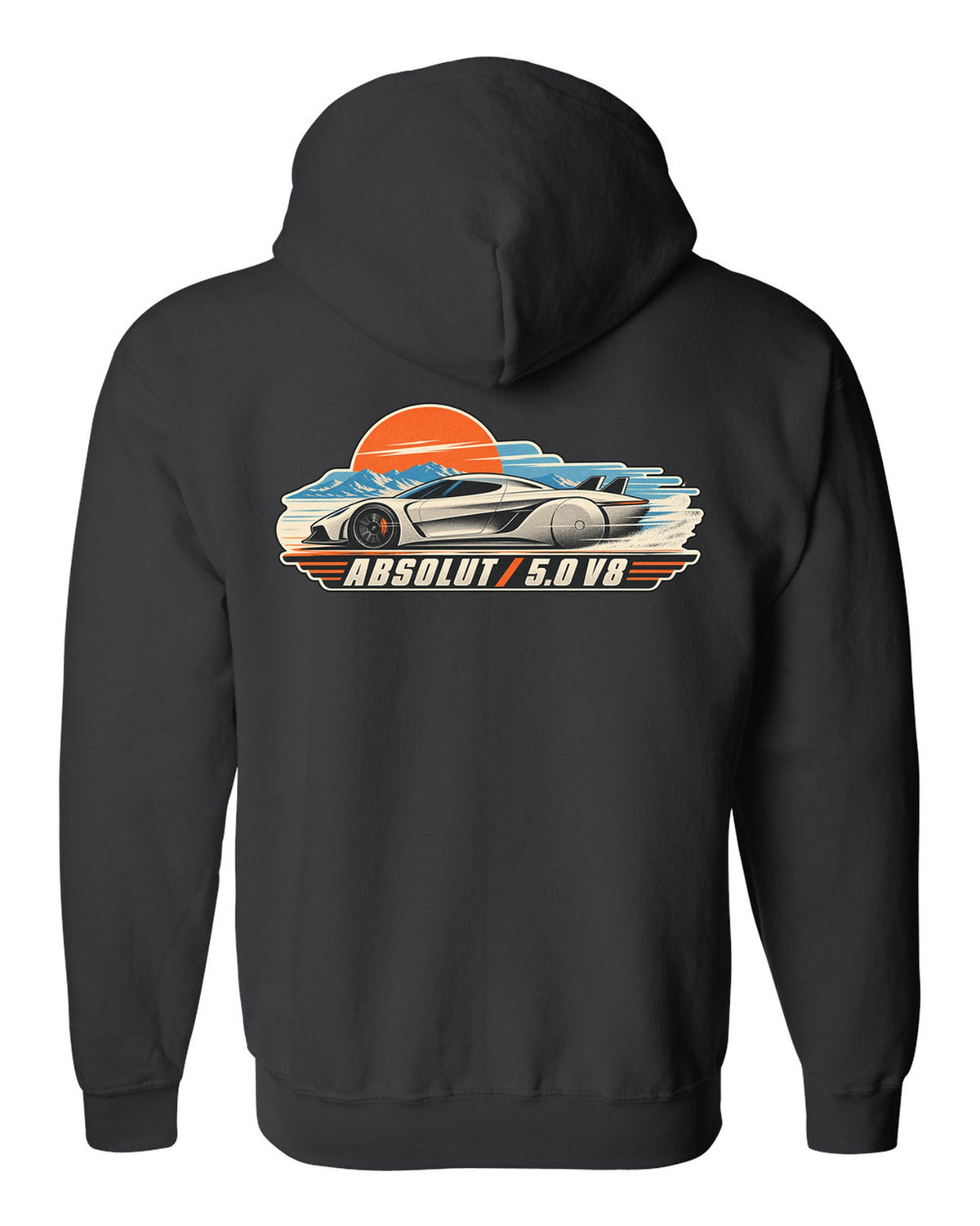 Vintage race poster illustration of the Koenigsegg Jesko Absolut with ABSOLUT 5.0 V8 lettering black zip hoodie back view with the design