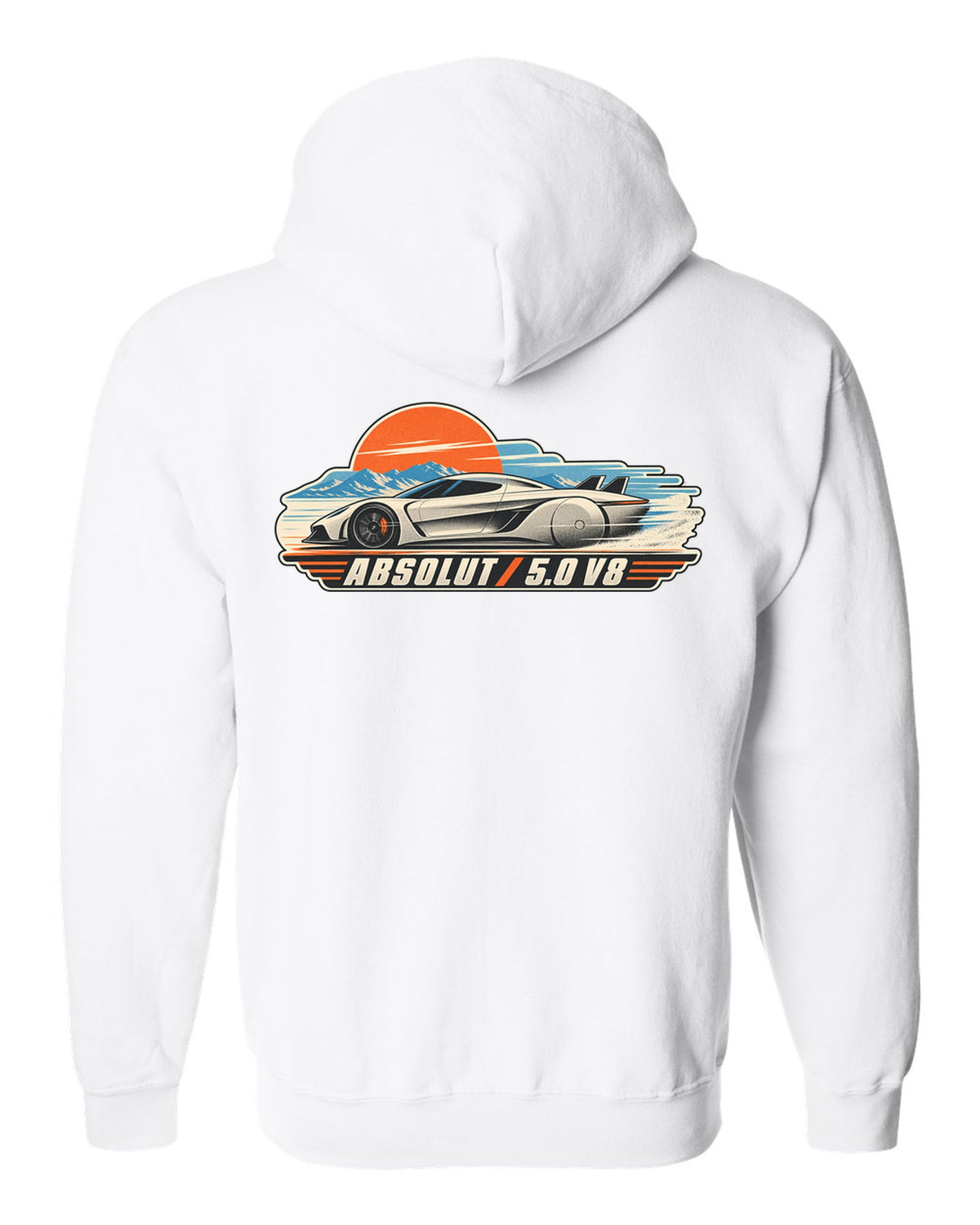 Vintage race poster illustration of the Koenigsegg Jesko Absolut with ABSOLUT 5.0 V8 lettering white zip hoodie back view with the design