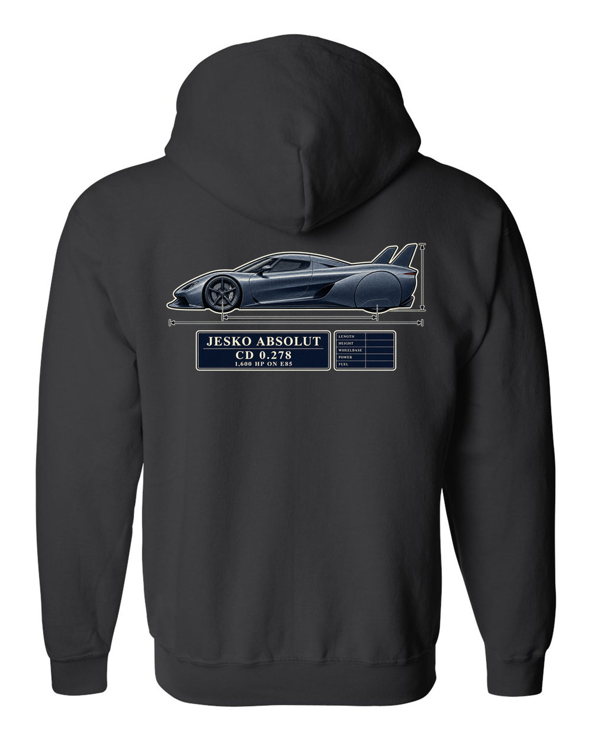 Blueprint drawing of the Koenigsegg Jesko Absolut with twin tail fins and no wing, print black zip hoodie back view with the design