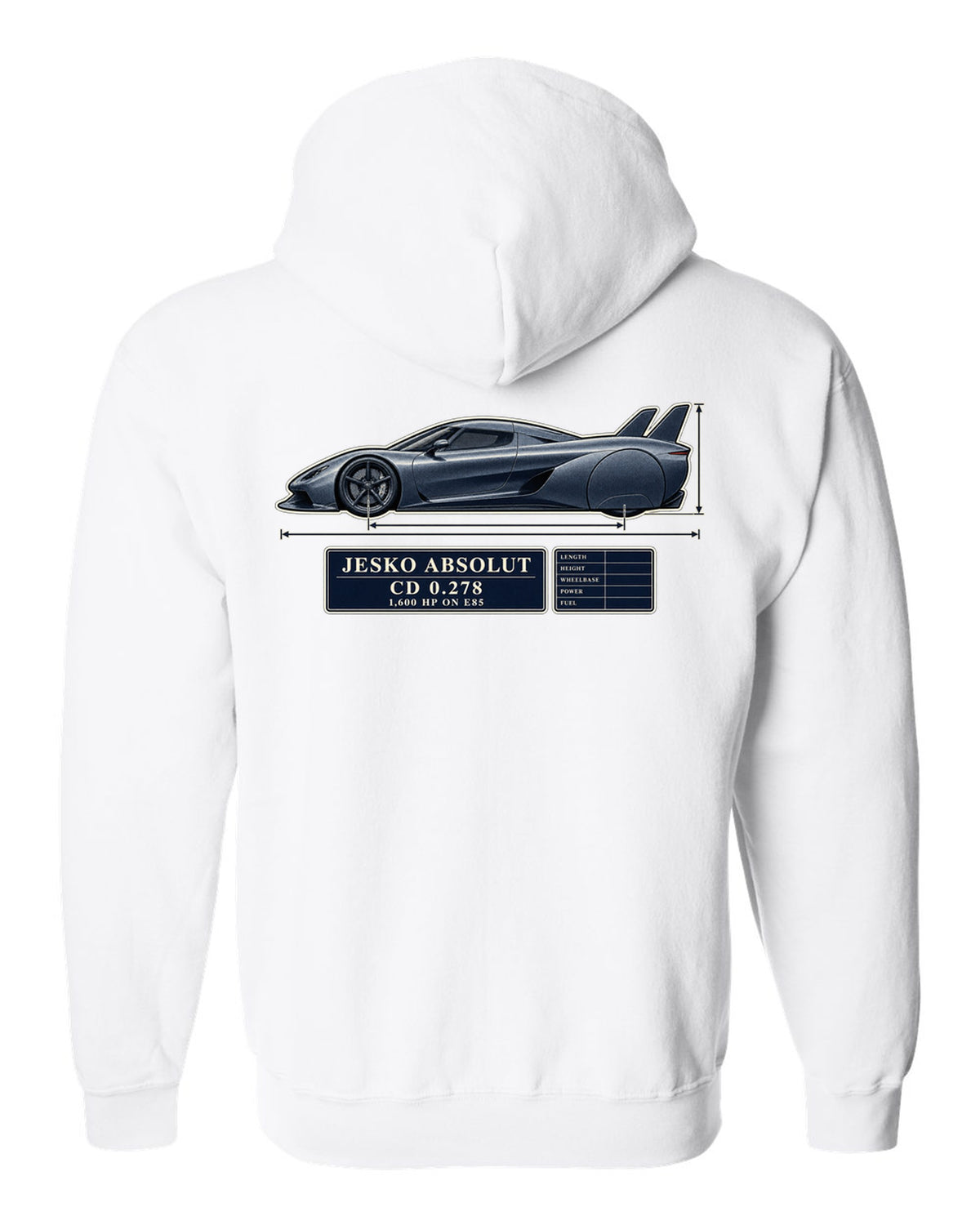 Blueprint drawing of the Koenigsegg Jesko Absolut with twin tail fins and no wing, print white zip hoodie back view with the design