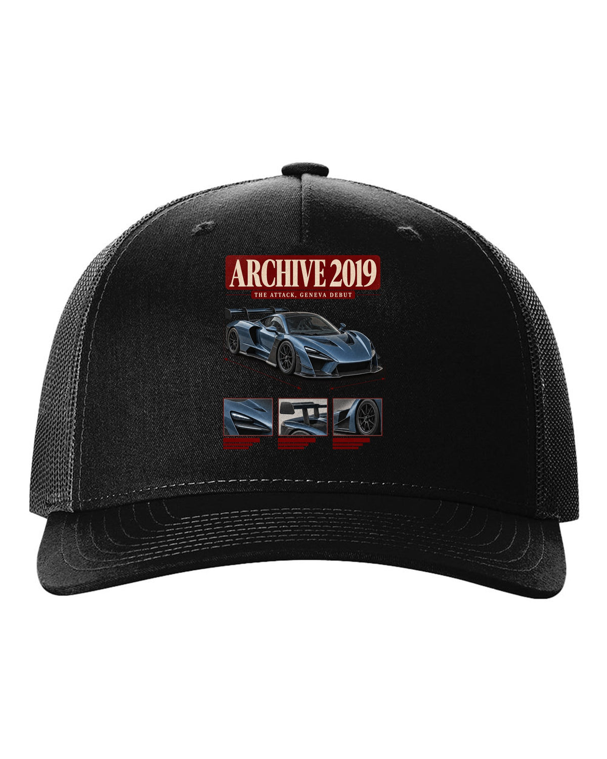 Archive panel design of the Koenigsegg Jesko Attack front three-quarter, print black hat front view with the design
