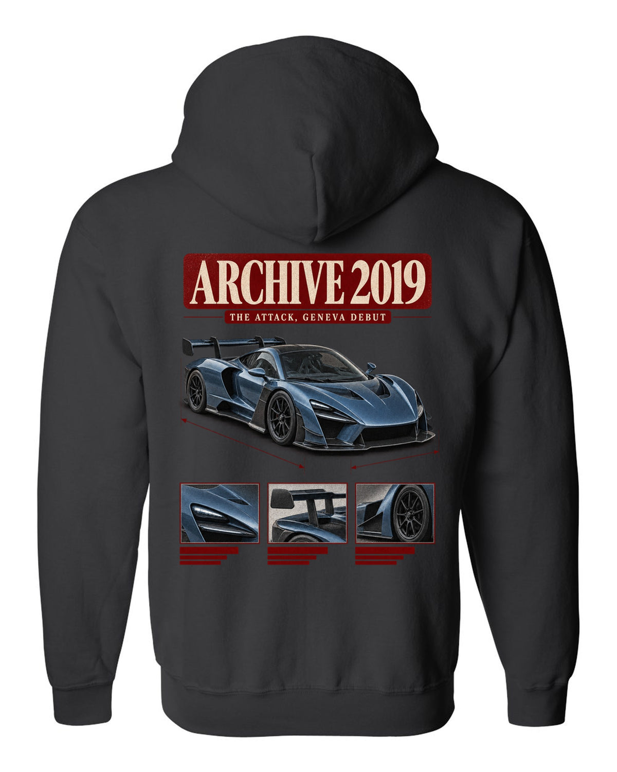 Archive panel design of the Koenigsegg Jesko Attack front three-quarter, print black zip hoodie back view with the design