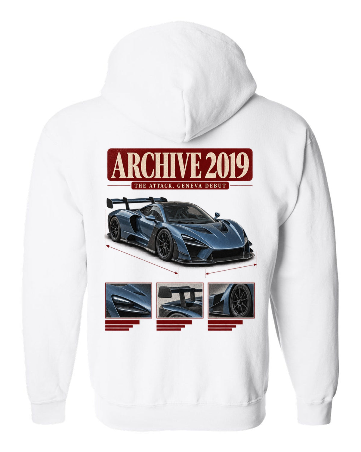Archive panel design of the Koenigsegg Jesko Attack front three-quarter, print white zip hoodie back view with the design