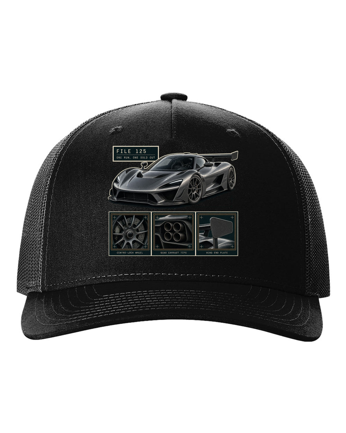 Dossier panel layout of the Koenigsegg Jesko Attack with detail panels, print black hat front view with the design