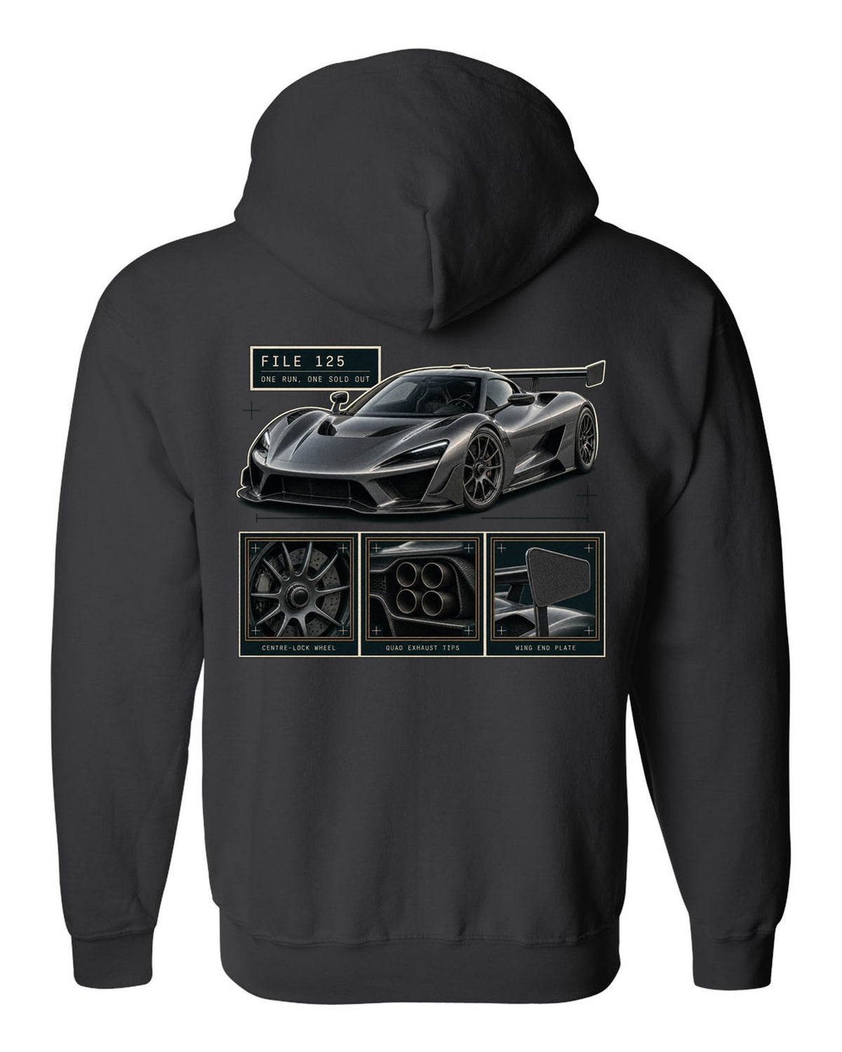 Dossier panel layout of the Koenigsegg Jesko Attack with detail panels, print black zip hoodie back view with the design