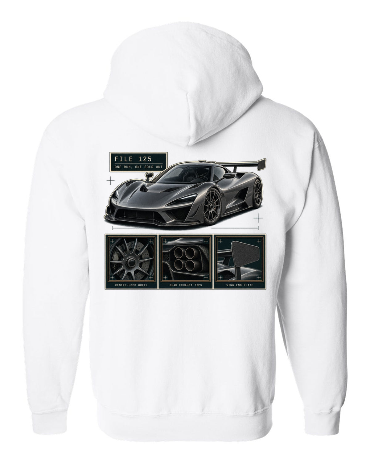 Dossier panel layout of the Koenigsegg Jesko Attack with detail panels, print white zip hoodie back view with the design