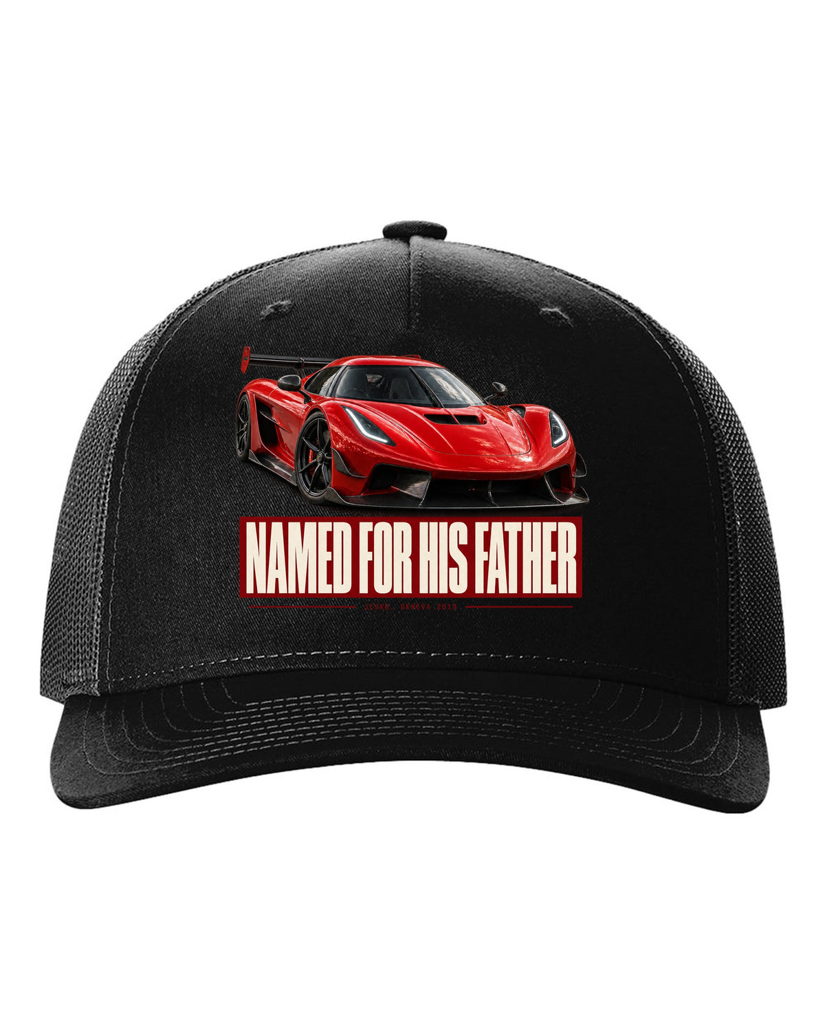 Editorial headline poster of a Koenigsegg Jesko Attack front three-quarter, print black hat front view with the design