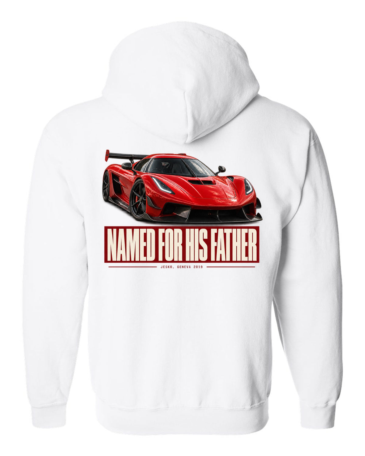 Editorial headline poster of a Koenigsegg Jesko Attack front three-quarter, print white zip hoodie back view with the design