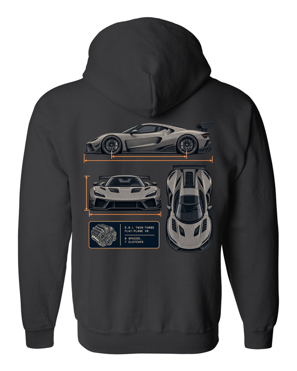 Three-view drawing and spec table of the Koenigsegg Jesko Attack, print black zip hoodie back view with the design