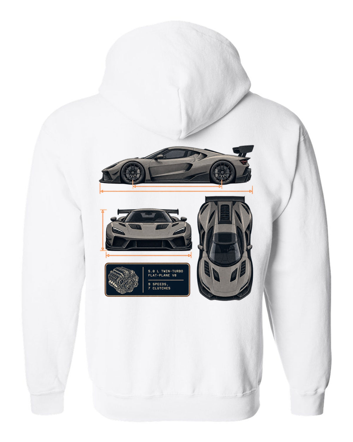 Three-view drawing and spec table of the Koenigsegg Jesko Attack, print white zip hoodie back view with the design