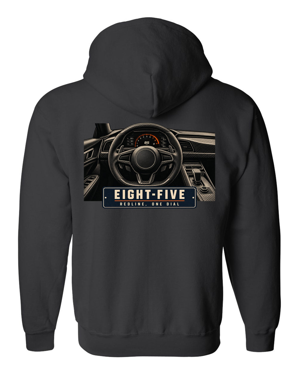 Cockpit and single dial of the Koenigsegg Jesko with carbon tub and flat dash, print black zip hoodie back view with the design