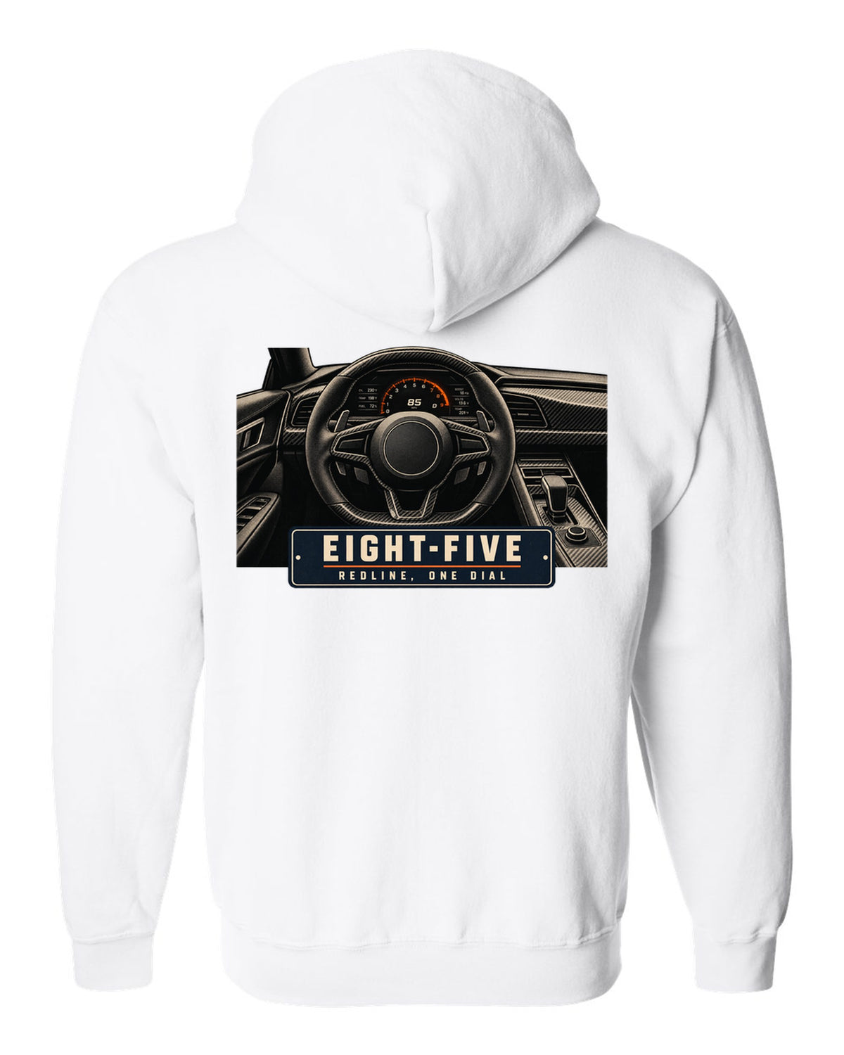 Cockpit and single dial of the Koenigsegg Jesko with carbon tub and flat dash, print white zip hoodie back view with the design