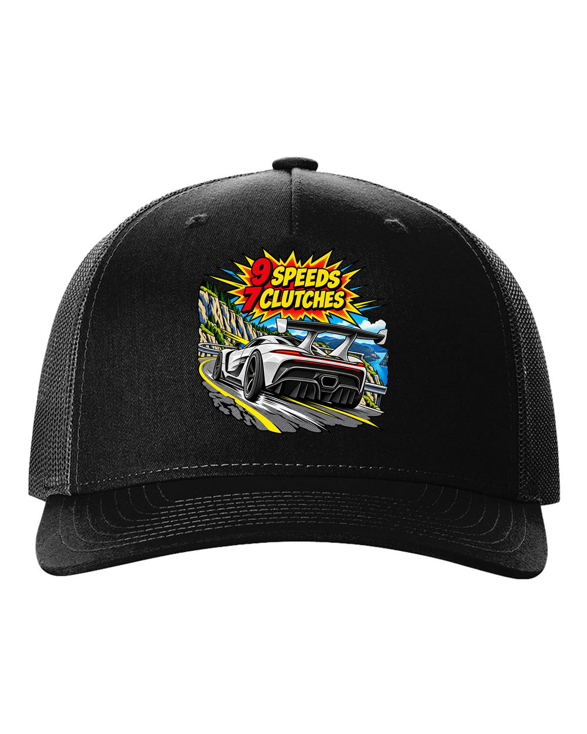 Comic halftone pop art print of a Koenigsegg Jesko with 9 speeds and 7 clutches lettering black hat front view with the design