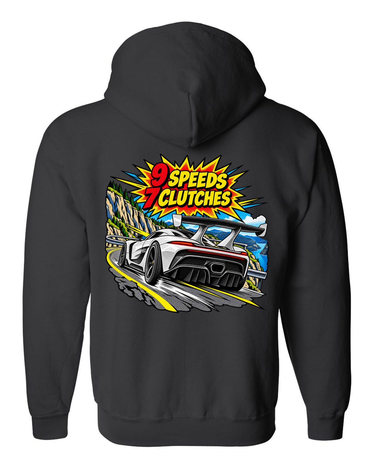 Comic halftone pop art print of a Koenigsegg Jesko with 9 speeds and 7 clutches lettering black zip hoodie back view with the design
