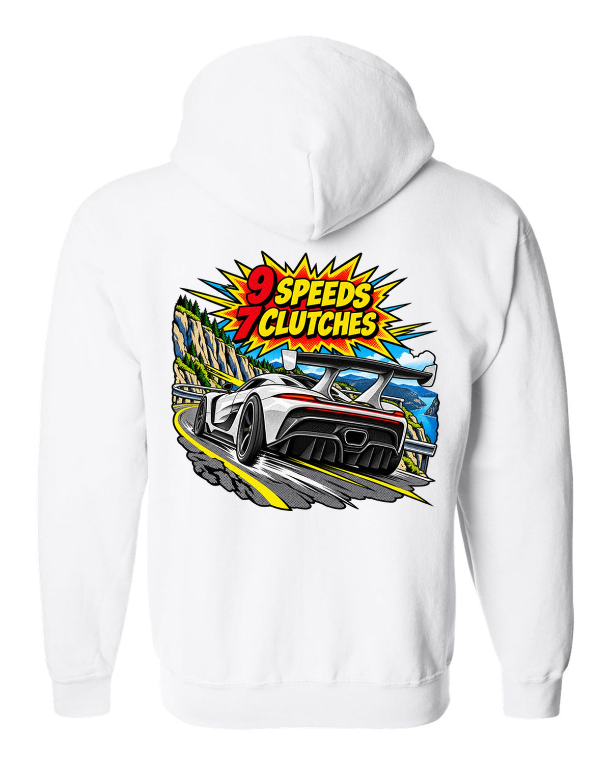 Comic halftone pop art print of a Koenigsegg Jesko with 9 speeds and 7 clutches lettering white zip hoodie back view with the design