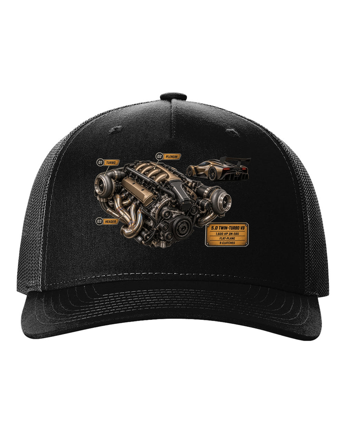 print engine hero of a Koenigsegg Jesko in bronze-grey carbon weave black hat front view with the design
