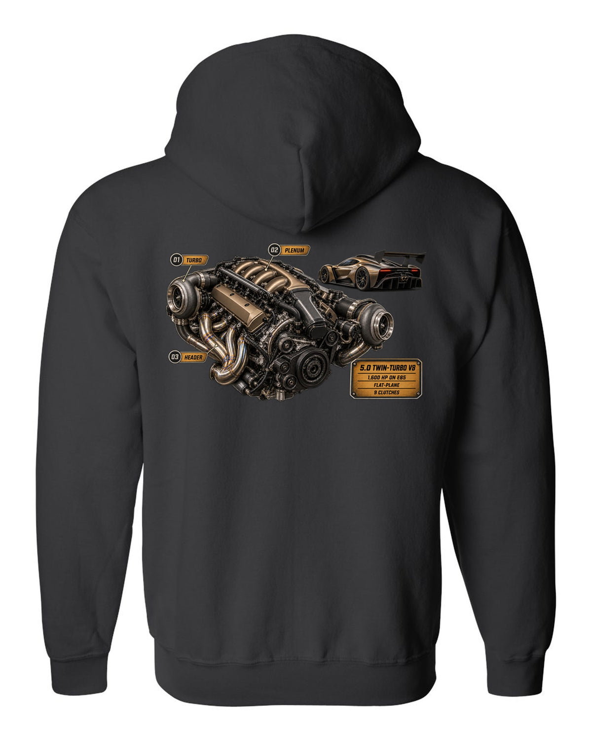 print engine hero of a Koenigsegg Jesko in bronze-grey carbon weave black zip hoodie back view with the design