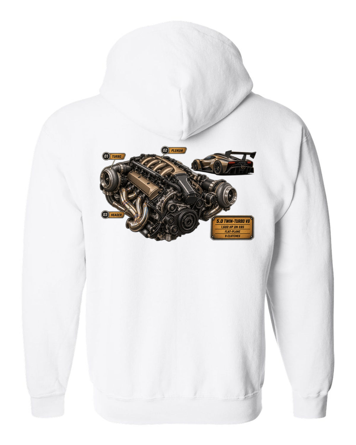 print engine hero of a Koenigsegg Jesko in bronze-grey carbon weave white zip hoodie back view with the design