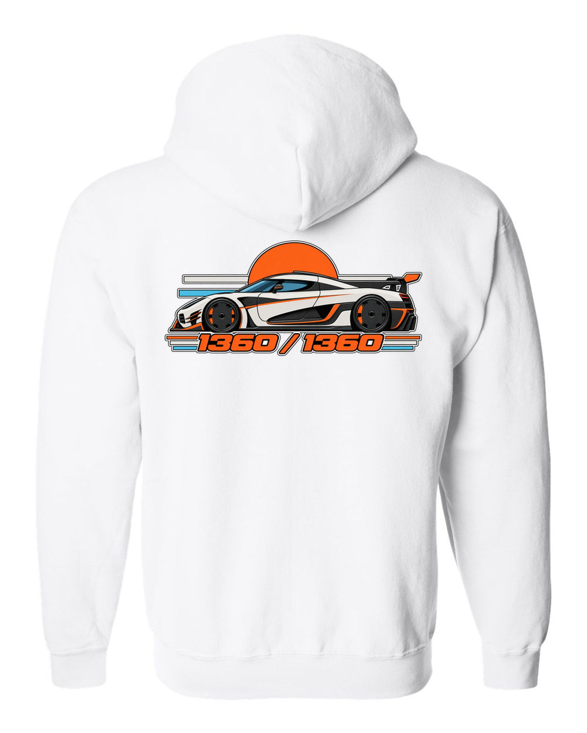 Minimal Swiss grid print for the Koenigsegg One:1 with 1360 over 1360 lettering white zip hoodie back view with the design