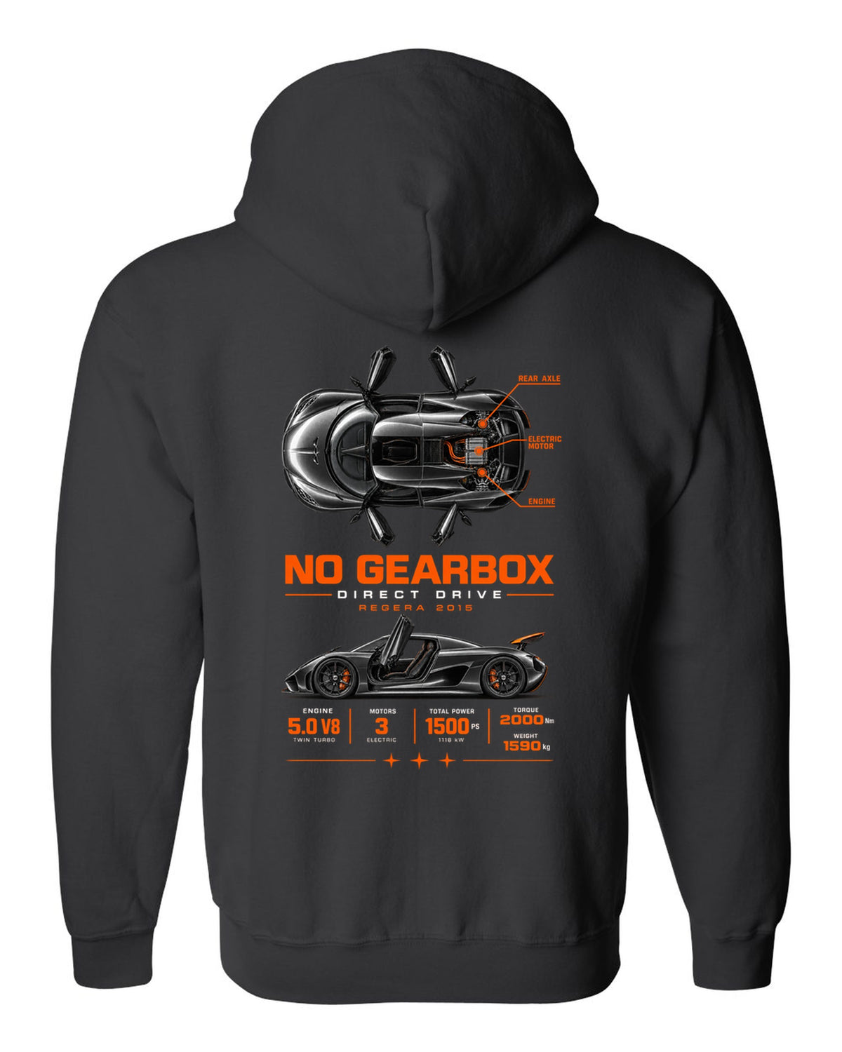 Koenigsegg Regera 2015 direct drive spec poster black zip hoodie back view with the design