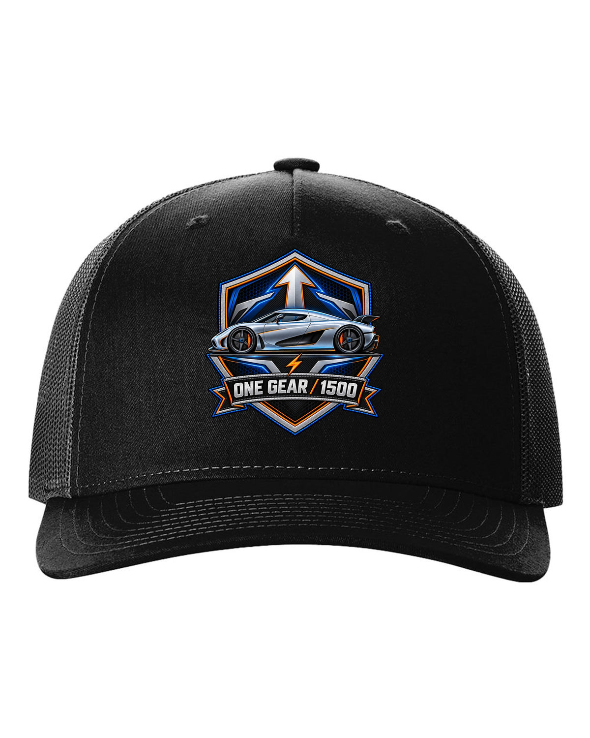 Embroidery-style varsity crest for the Koenigsegg Regera with ONE GEAR 1500 lettering black hat front view with the design