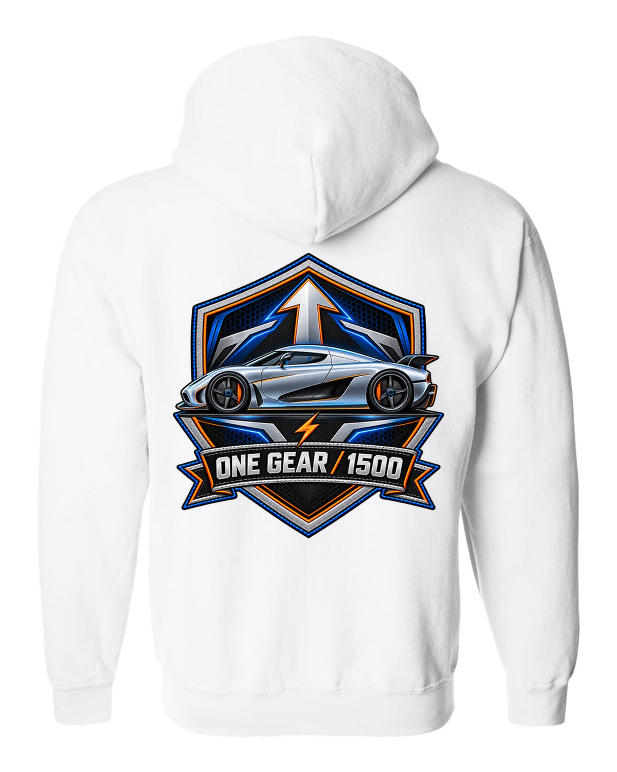 Embroidery-style varsity crest for the Koenigsegg Regera with ONE GEAR 1500 lettering white zip hoodie back view with the design