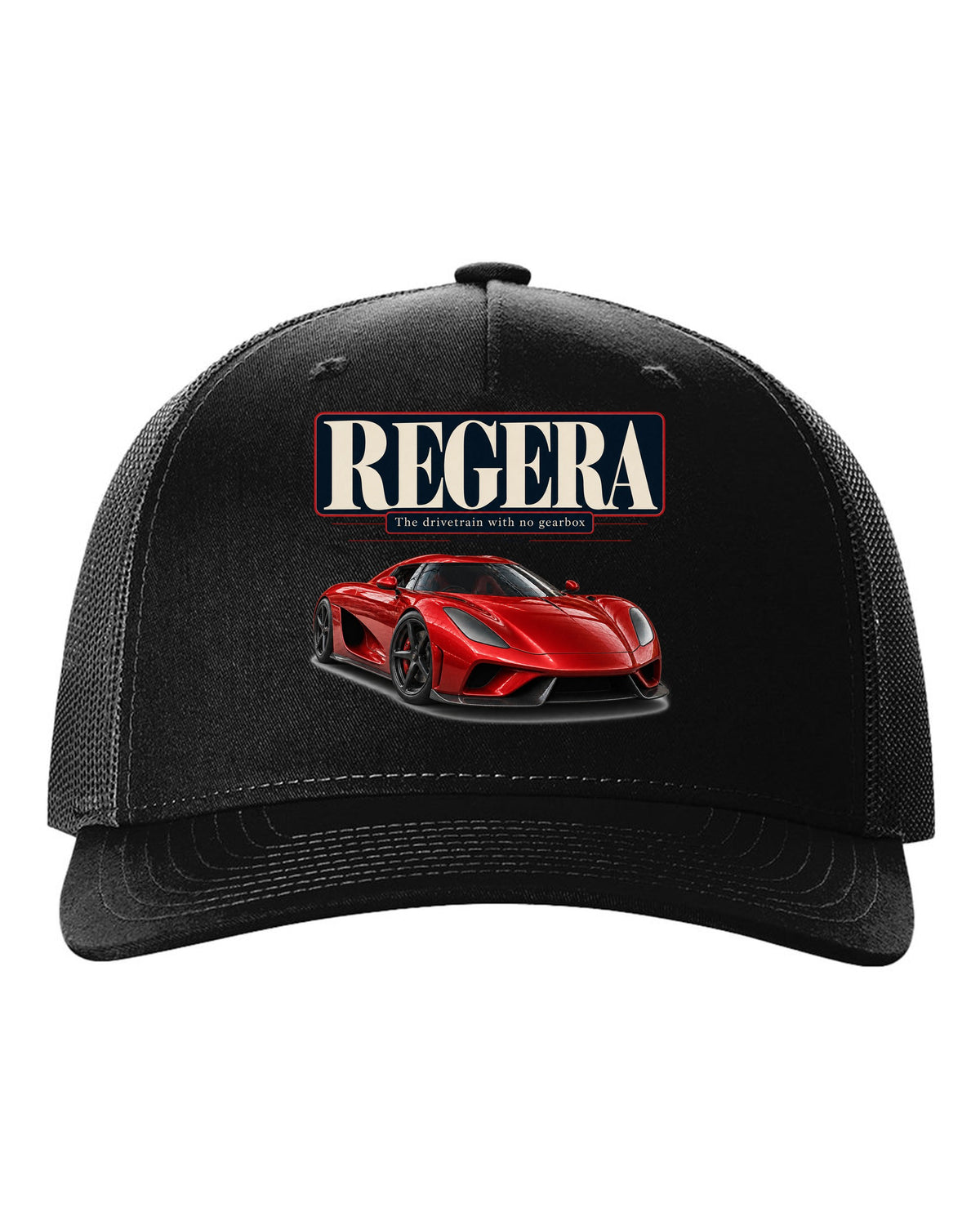 Editorial headline poster of the Koenigsegg Regera about its drivetrain, print black hat front view with the design