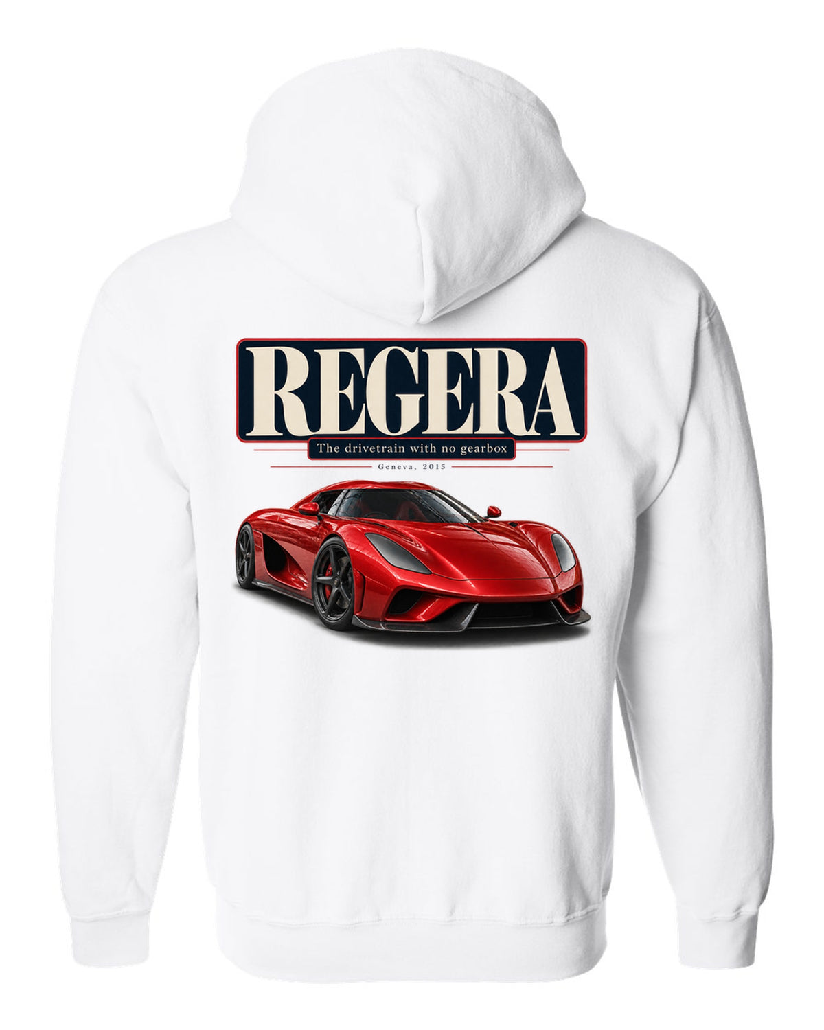 Editorial headline poster of the Koenigsegg Regera about its drivetrain, print white zip hoodie back view with the design