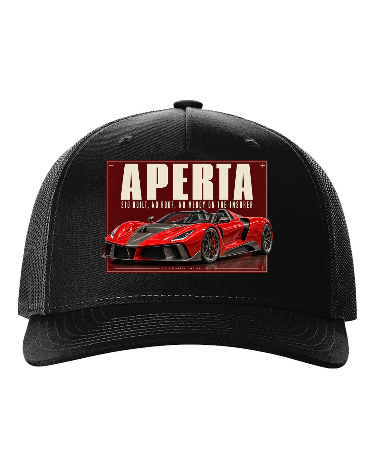 Ferrari LaFerrari Aperta editorial headline print, 210 built black hat front view with the design