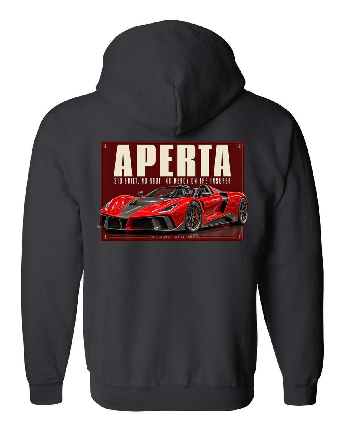 Ferrari LaFerrari Aperta editorial headline print, 210 built black zip hoodie back view with the design