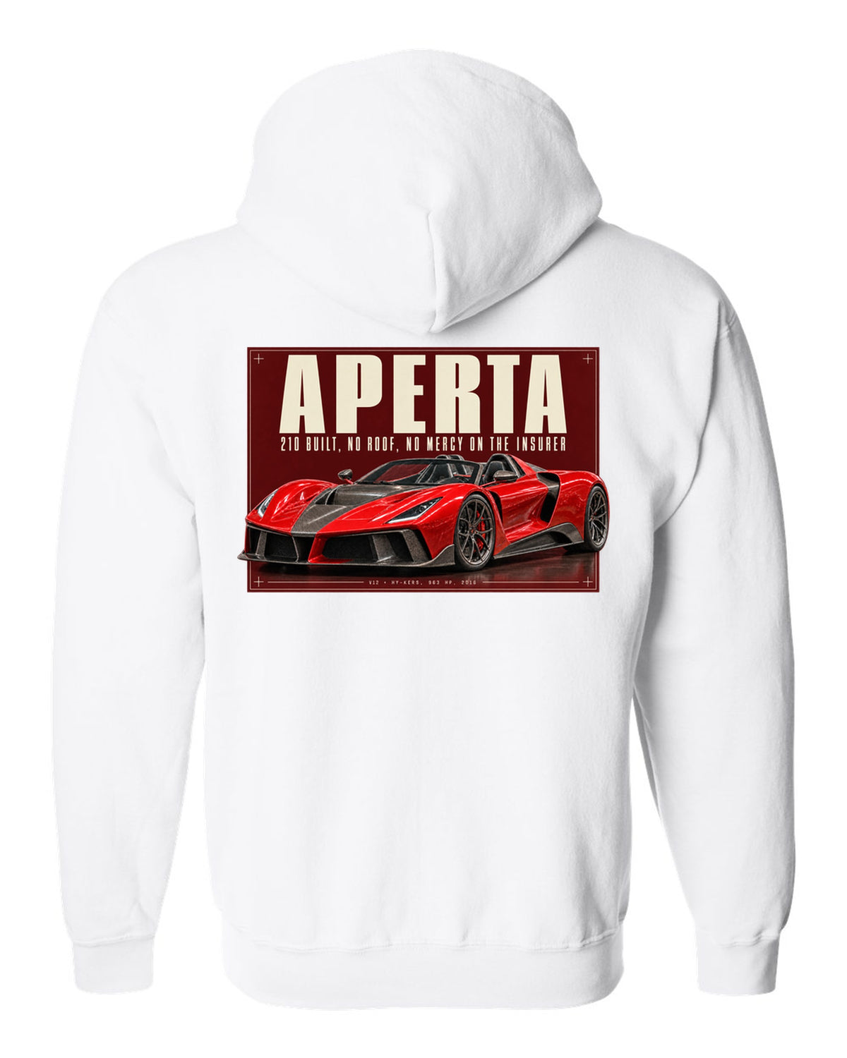 Ferrari LaFerrari Aperta editorial headline print, 210 built white zip hoodie back view with the design