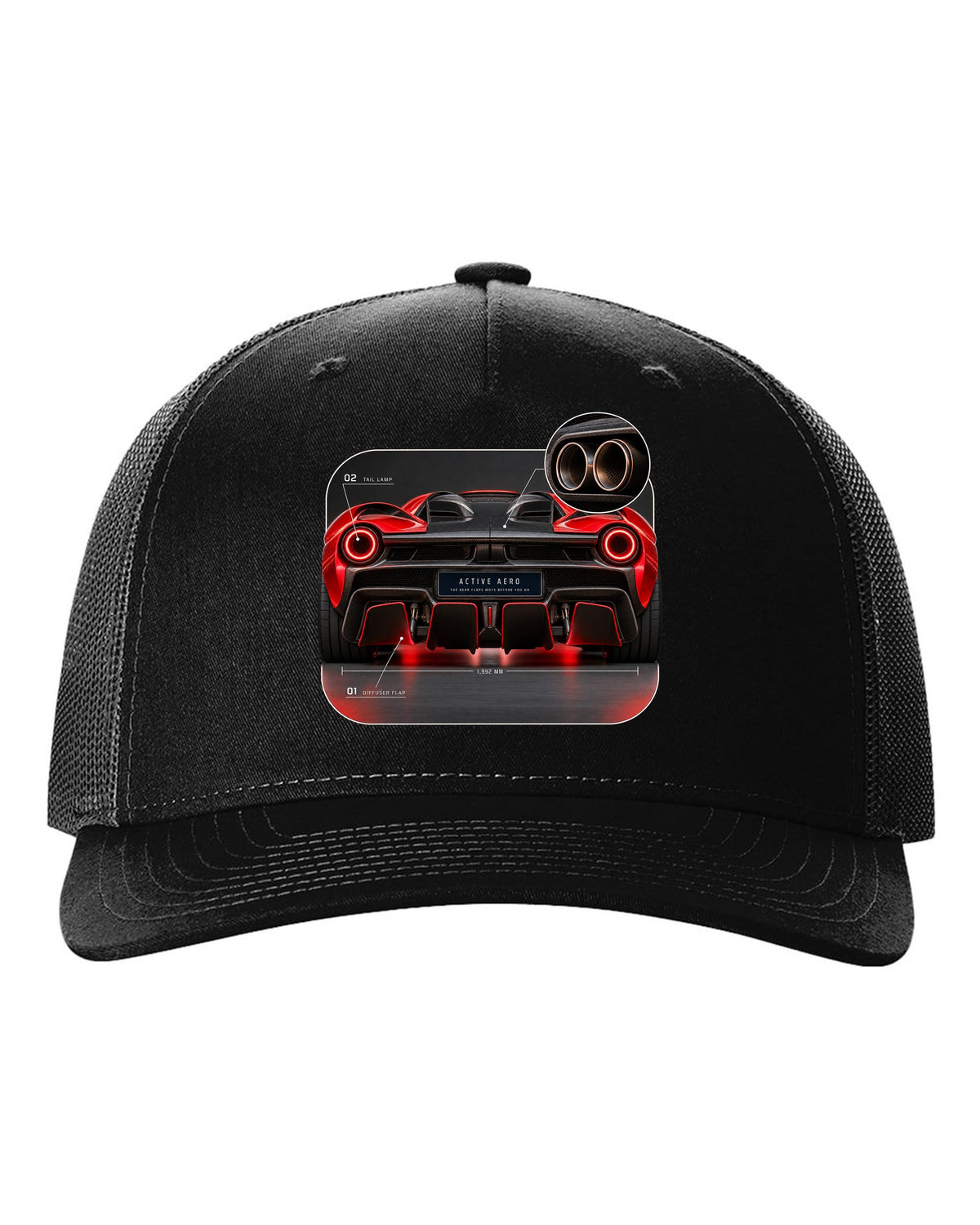 Ferrari LaFerrari taillight macro print with active aero caption black hat front view with the design