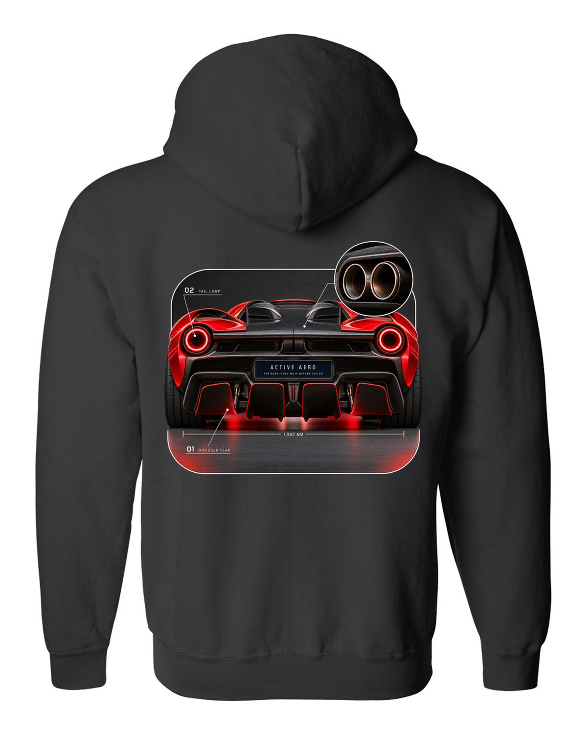 Ferrari LaFerrari taillight macro print with active aero caption black zip hoodie back view with the design