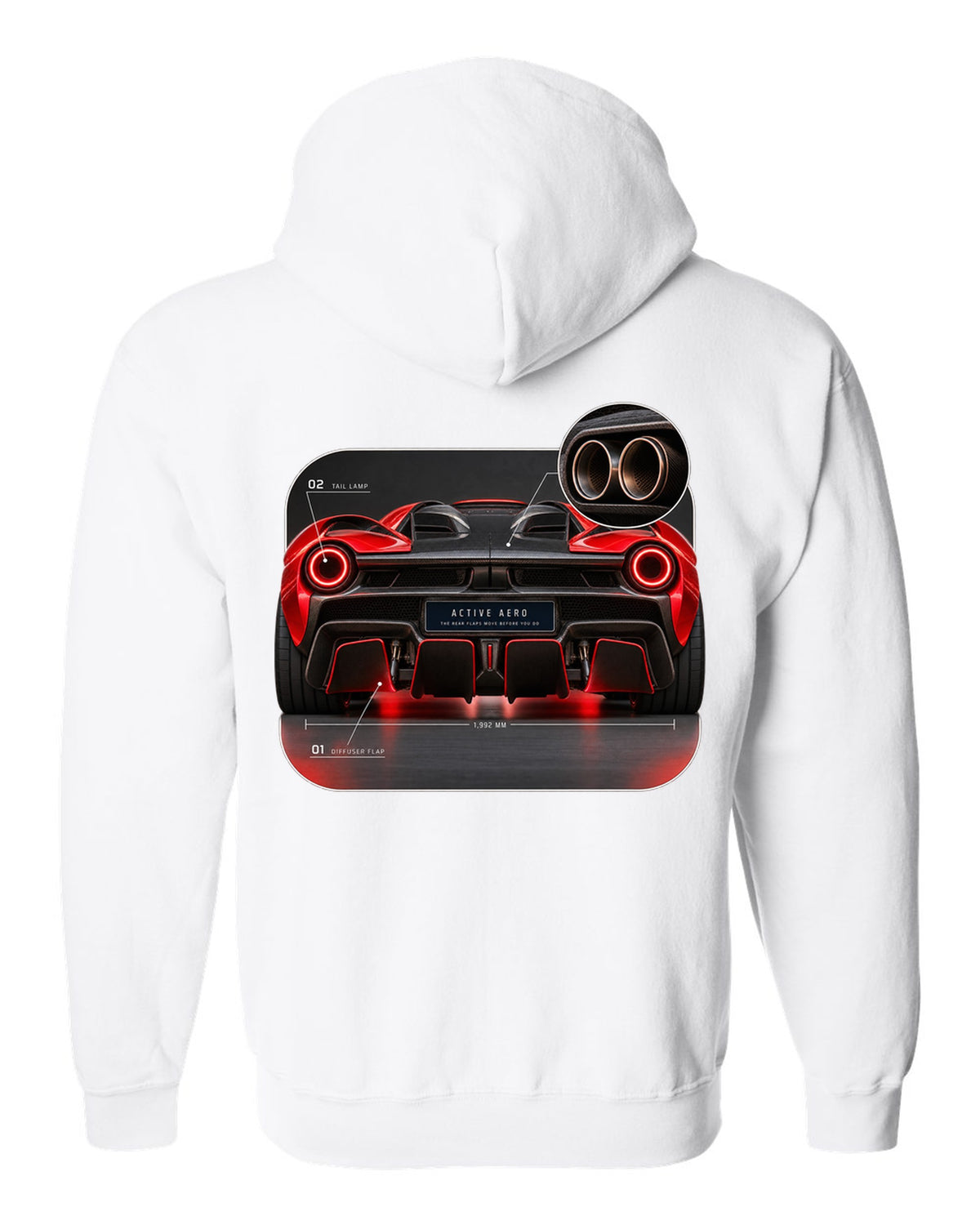Ferrari LaFerrari taillight macro print with active aero caption white zip hoodie back view with the design