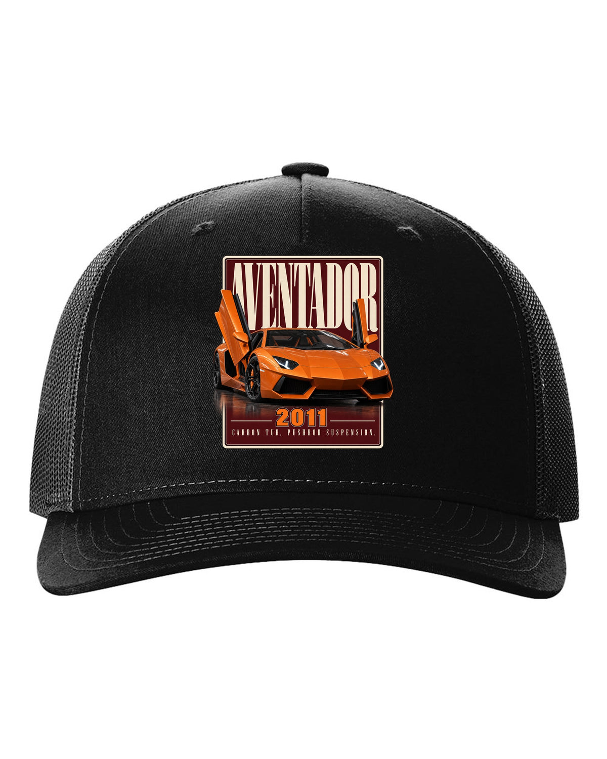 Editorial headline print of the Lamborghini Aventador LP700-4 black hat front view with the design