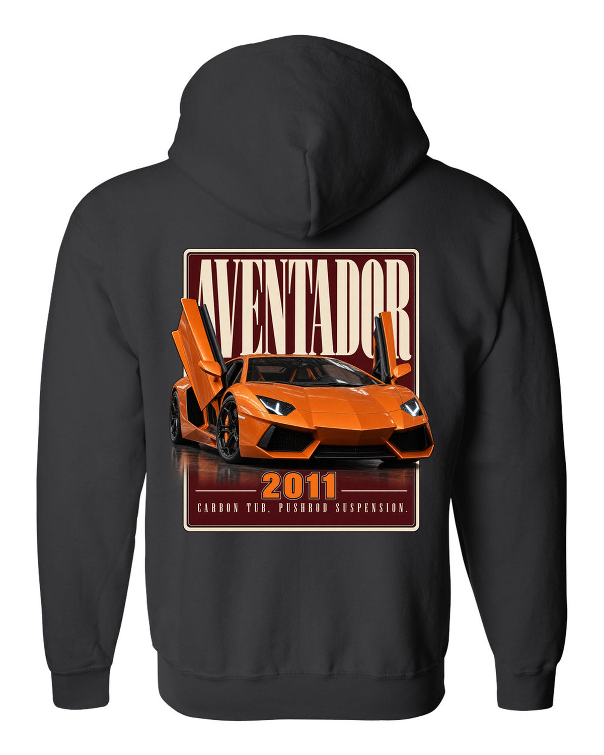 Editorial headline print of the Lamborghini Aventador LP700-4 black zip hoodie back view with the design
