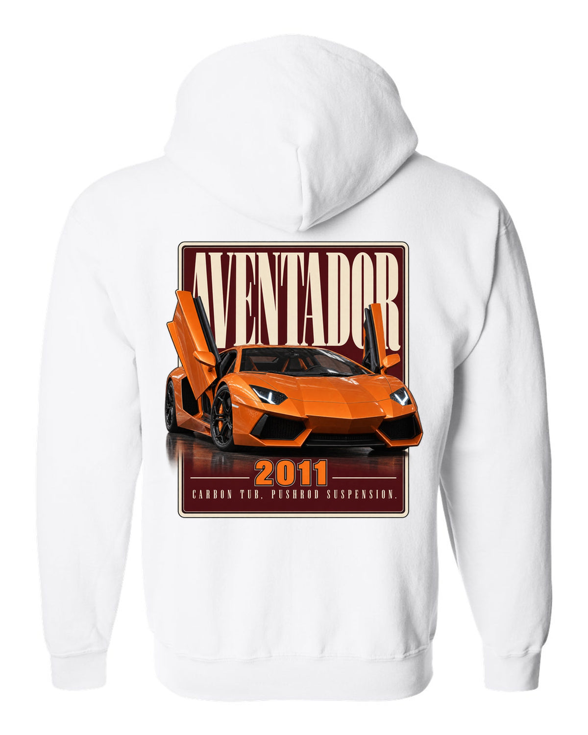 Editorial headline print of the Lamborghini Aventador LP700-4 white zip hoodie back view with the design
