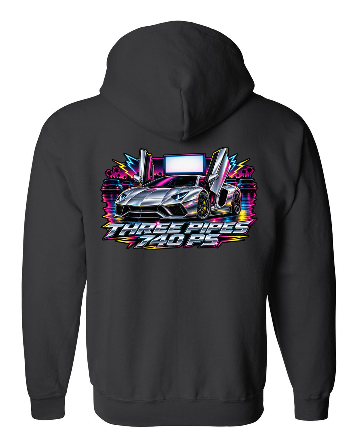 80s airbrush chrome Lamborghini Aventador S LP740-4 with the text THREE PIPES / 740 PS black zip hoodie back view with the design